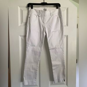 Cache Y2K white twill stretch skinny pants Sz 0 low rise zippered hem cropped